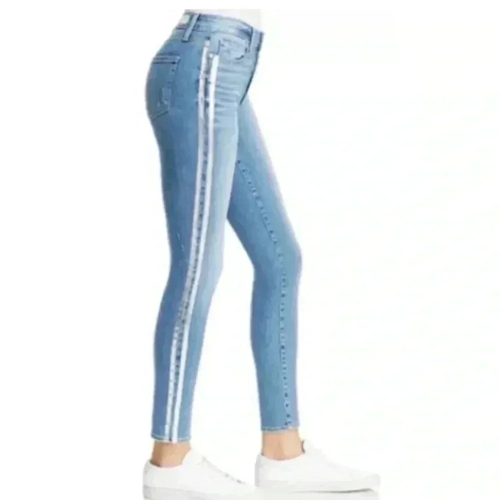 Woman PAIGE Blue Silver Tux Stripe Hoxton Ankle Stretch Skinny Jean Denim 28 EUC